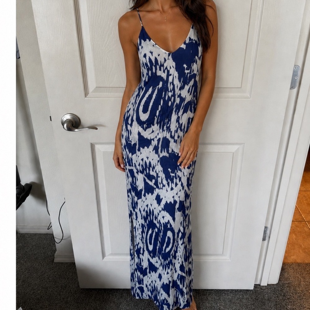 Monrow Maxi Dress Blue White Abstract Print Sleeveless Casual Size s z2